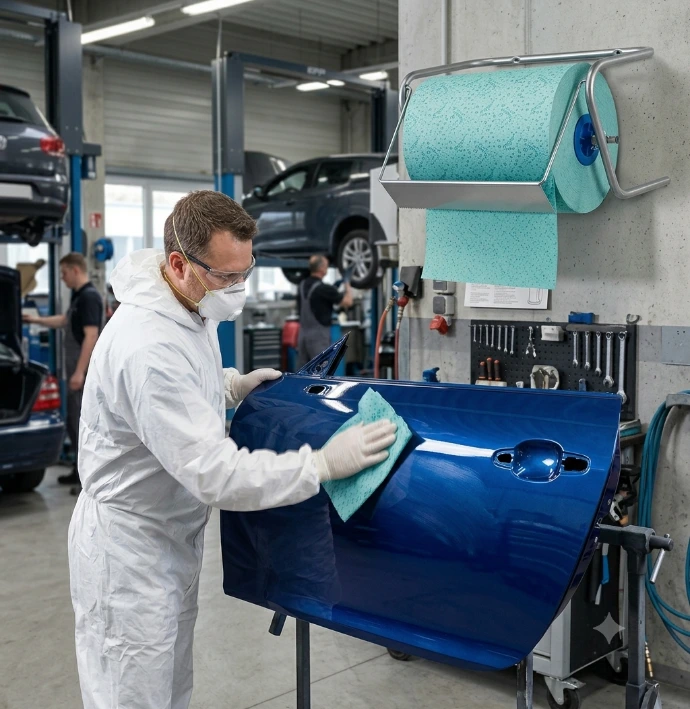 man putzt autotür nach Lackierarbeiten 