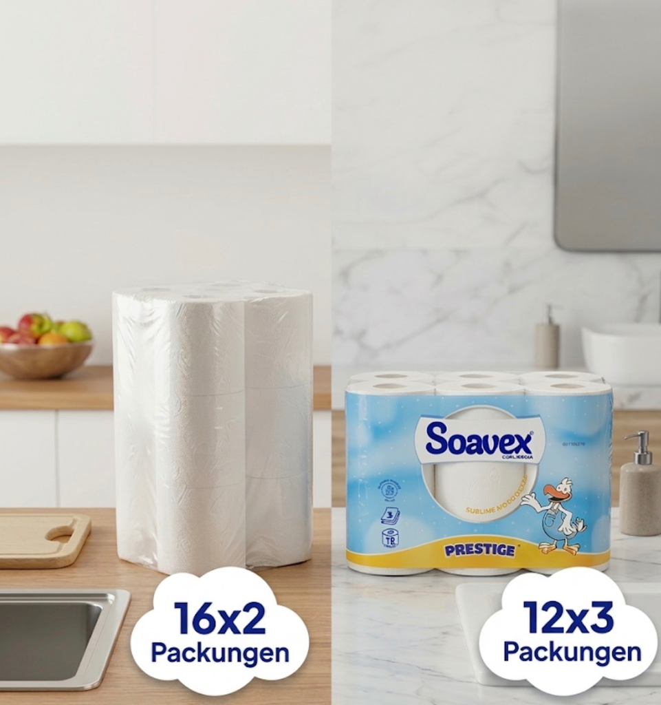 Vorteilspack!!! Soavex Prestige Toilettenpapier 3 Lagig + Haushaltsküchenrolle.