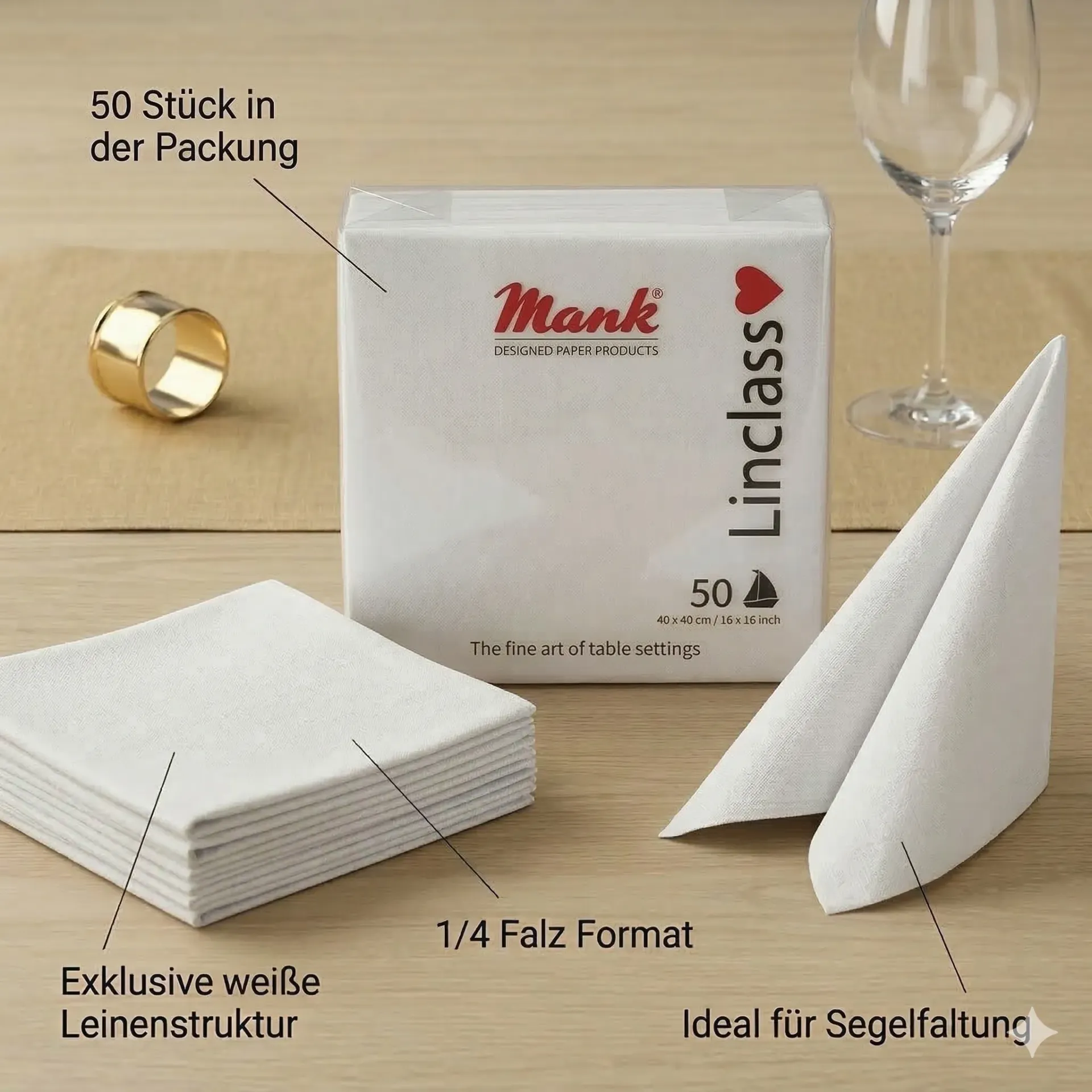Mank Softpoint Servietten 40 x 40 cm, 1/4-Falz – Basic Farben, stoffähnliche Premium-Struktur (50 Stück)
