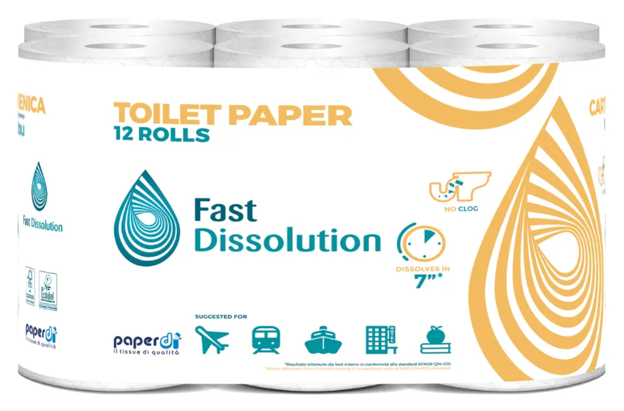 Schnell auflösbares Toilettenpapier, 165 Blatt, 2-Lagig, Pur Zellulose, Bulkverpackung 12x8 (VPE = 96 Rollen)