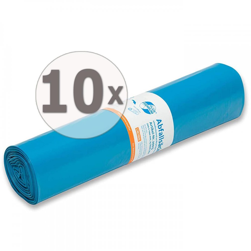 PREMIUM PLUS® Müllsäcke 120L Blau – Nachhaltig & Reißfest (95 % Recycling), Blau 250stk/Karton, 700 x 1100mm 10 Rollen a 25Stk