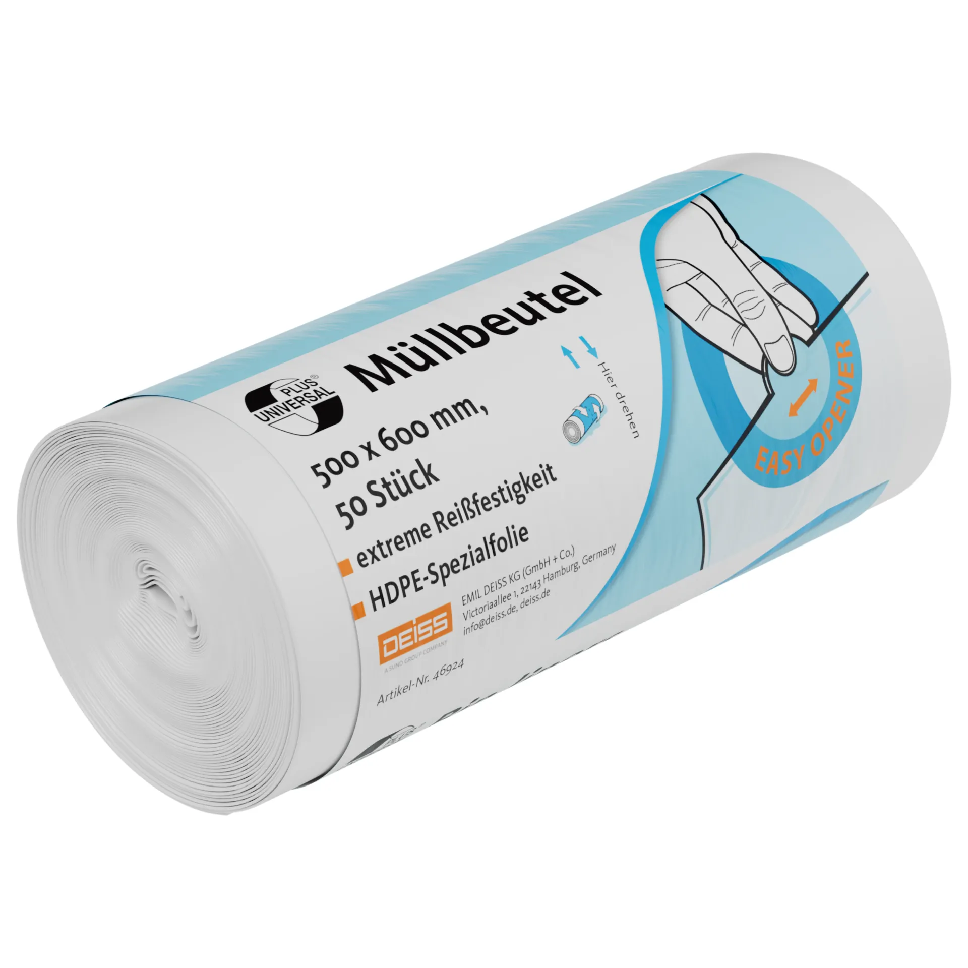 [D-46924] UNIVERSAL PLUS® 30L Müllbeutel Weiß – Klimaneutral & Reißfest (Sternnaht) - 1000Stk/Karton 500mm x 600mm 20 Rollen A 50 Stück