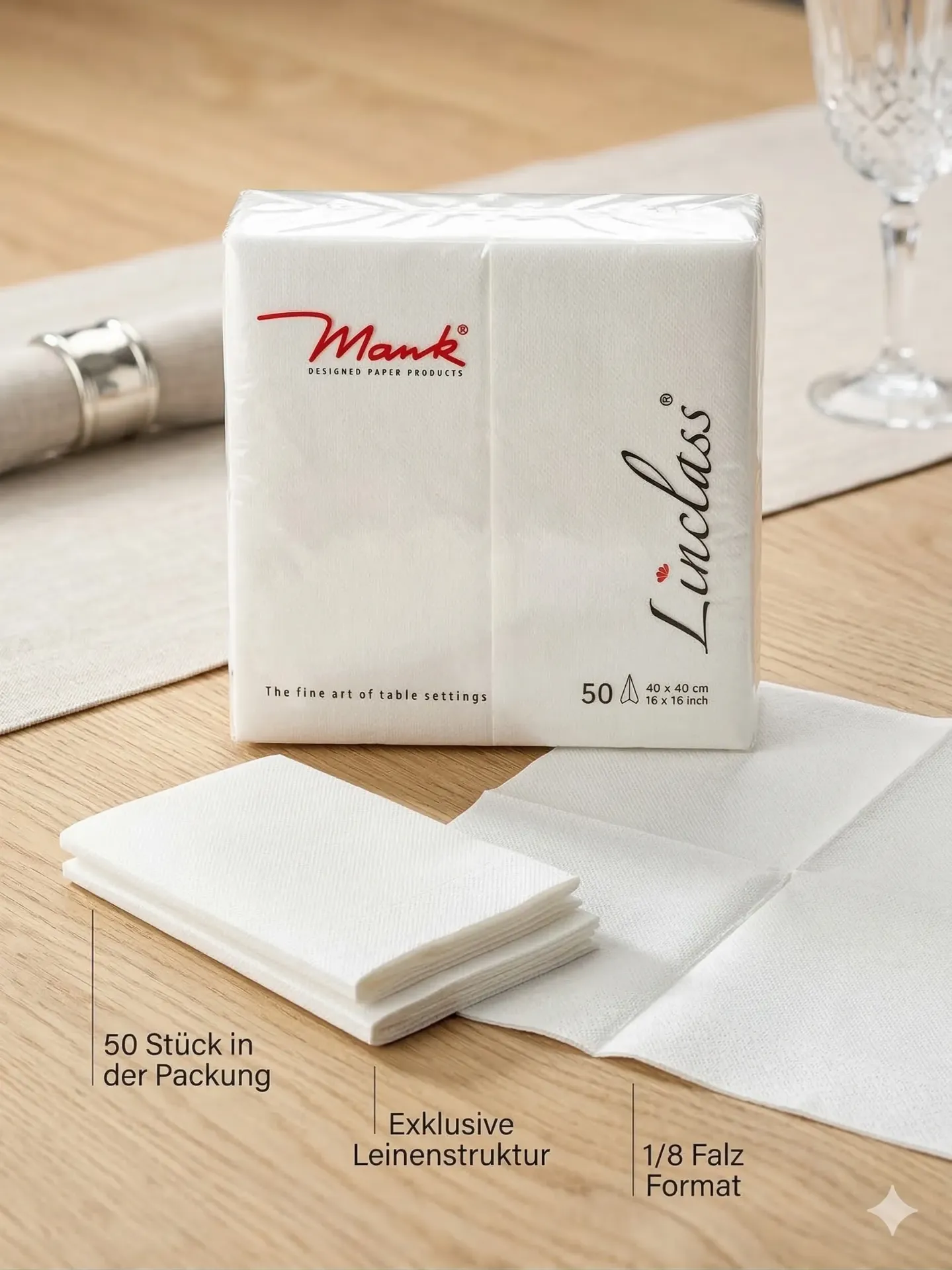 Servietten aus Linclass-Professional Basic "WEISS" 1/8-Falz Qualität: Linclass-Professional materialfarbe; WEISS Größe: L: 400 mm x B: 400 mm; 1/8 Buchfalz Anz. Kartons: 1 x 300 Stck